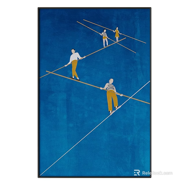 Tightrope Walkers In Striped Outfits Balancing On Ropes Against Blue Background 3d model 
