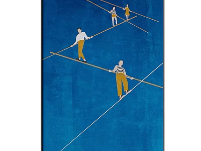 Tightrope Walkers In Striped Outfits Balancing On Ropes Against Blue Background 3d model