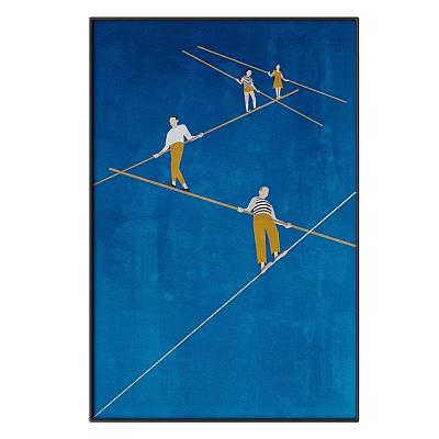 Tightrope Walkers In Striped Outfits Balancing On Ropes Against Blue Background 3d model