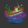 Natural scene inside crystal ball with red fishing boat seagulls and calm blue water