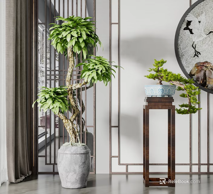 Chinese Style Bonsai Potted Plants with Decorative Wooden Stand and Background Wall 3d model 