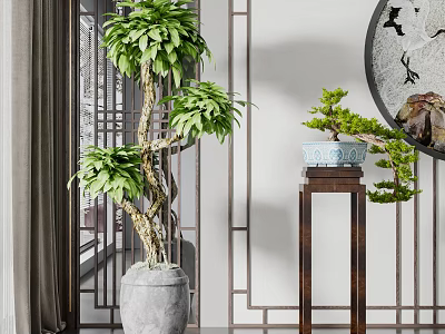 Chinese Style Bonsai Potted Plants with Decorative Wooden Stand and Background Wall 3d model