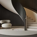 Modern Spiral Staircase Interior Design With Dark Wooden Paneling White Chair And Circular Platform
