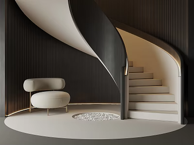 Modern Spiral Staircase Interior Design With Dark Wooden Paneling White Chair And Circular Platform 3d model