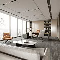Modern Open Office Interior With Large Windows Sofa Desk Chair And Bookshelf