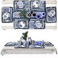 Blue And White Decorative Dinnerware Set For Elegant Table Setting With Vases And Tablecloth 3d model