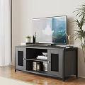 Modern Dark Wooden TV Stand With Storage Cabinets And Decorative Shelves
