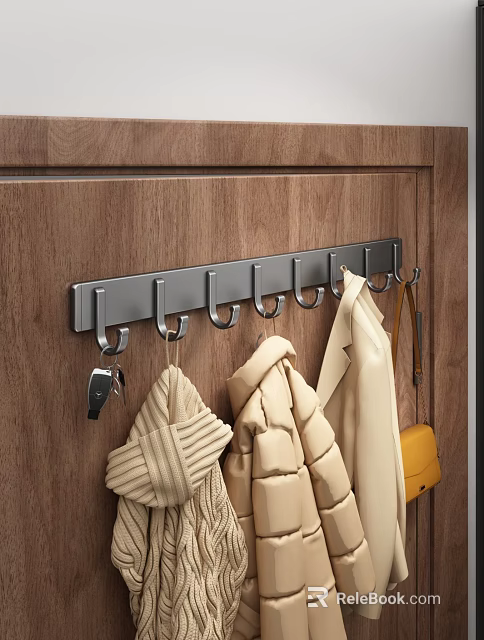 Stainless Steel Coat Hook Rack On Wooden Door Hanging Clothes Scarf And Bag 3d model 