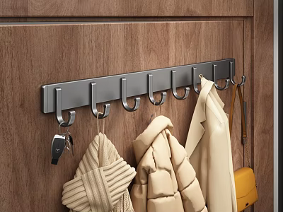 Stainless Steel Coat Hook Rack On Wooden Door Hanging Clothes Scarf And Bag 3d model