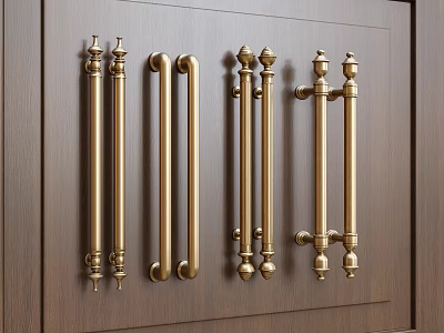 Decorative Brass Door Handles With Ornate Designs Mounted On Wooden Door Panel 3d model