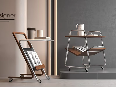 Modern Designer Side Tables With Wooden Metal Frames Wheels And Shelves 3d model