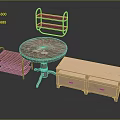 Serene Garden Landscape With Wooden Round Table Metal Shelf And Drawer Cabinet