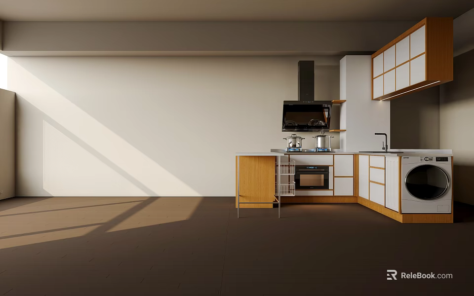 Modern Kitchen Interior With White Cabinets Oven Microwave And Natural Light 3d model 