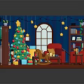 Cartoon Christmas Living Room With Decorated Tree Star Lights Red Sofa And Rocking Horse