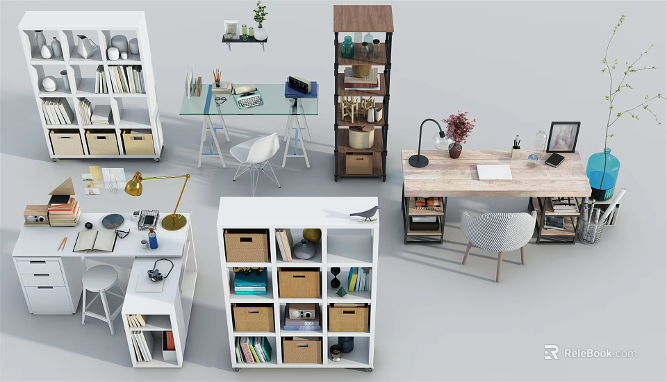 Modern Home Office Desk With Shelves Storage Boxes Lamp And Stationery 3d model