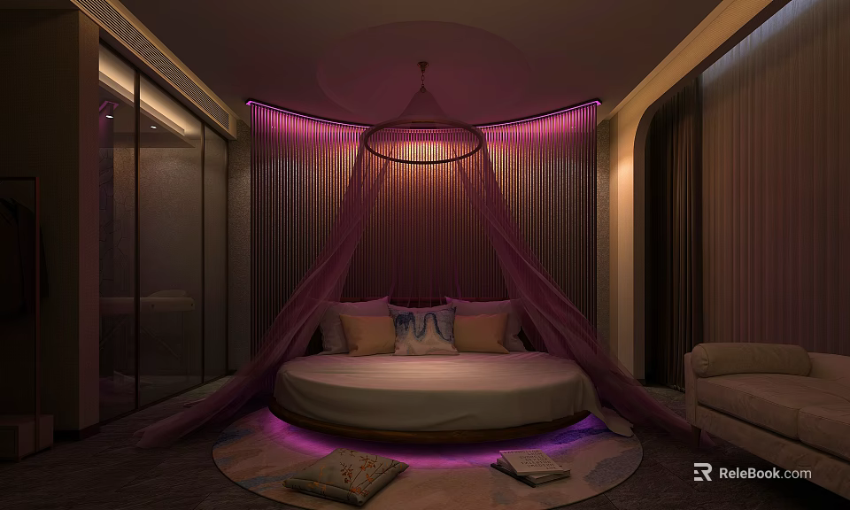 Modern Luxury Hotel Room Interior With Round Bed Purple Lighting Sheer Curtains And Rug 3d model 