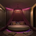 Modern Luxury Hotel Room Interior With Round Bed Purple Lighting Sheer Curtains And Rug