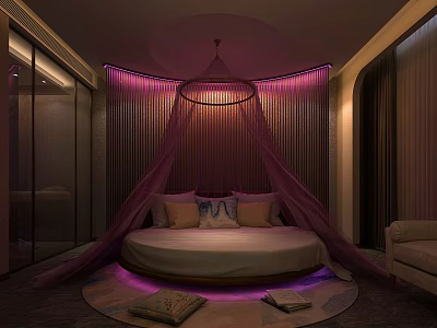 Modern Luxury Hotel Room Interior With Round Bed Purple Lighting Sheer Curtains And Rug 3d model