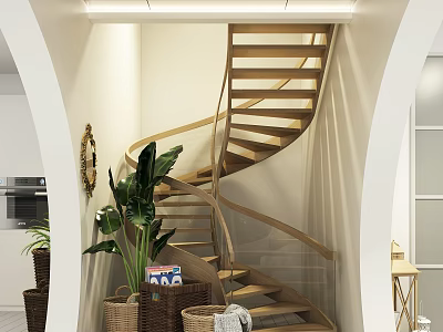 Elegant Wooden Spiral Staircase Interior With Potted Green Plants Storage Baskets And White Wall 3d model