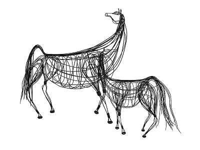 Black and White Wire Art Ornament Decoration Set With Large And Small Horse Sculptures 3d model