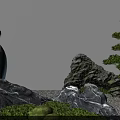 Karesansui Dry Landscape Design Featuring Blue Figurine Rock Formations Green Moss And Pine Tree