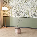 Floral Patterned Green And White Background Wall With Plants Floor Lamp And Herringbone Wooden Floor