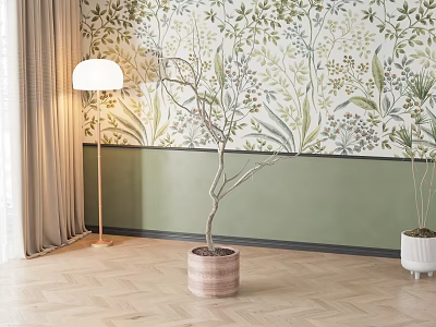 Floral Patterned Green And White Background Wall With Plants Floor Lamp And Herringbone Wooden Floor 3d model