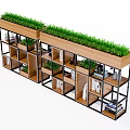 Double Bookcases With Green Grass Top Wooden Metal Frame Shelves Holding Books Vases Plants Frames