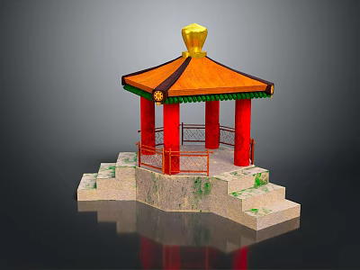 Cartoon Chinese Pavilion Scene With Orange Roof Golden Top And Red Pillars On Stone Steps 3d model