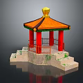 Cartoon Chinese Pavilion Scene With Orange Roof Golden Top And Red Pillars On Stone Steps