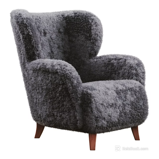 Gray Fluffy Single Sofa With Cozy Design Thick Backrest Armrests And Wooden Legs 3d model 
