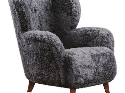 Gray Fluffy Single Sofa With Cozy Design Thick Backrest Armrests And Wooden Legs 3d model