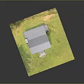 Cartoon Log Cabin Scene With Gray Roof Stone Chimney Wooden Porch Steps And Green Grass