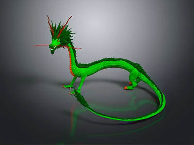 3D Model of Green Mythical Dragon With Red Horns and Long Scaly Body 3d model