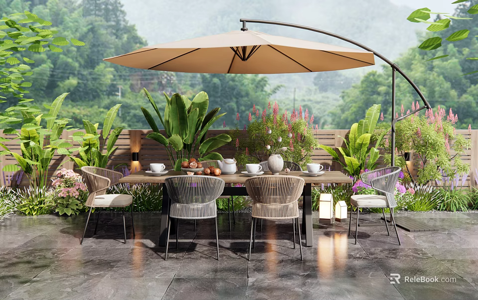 Outdoor Table with Comfortable Chairs Large Umbrella Lush Plants Flowers Tea Sets Fruits Natural Background 3d model 