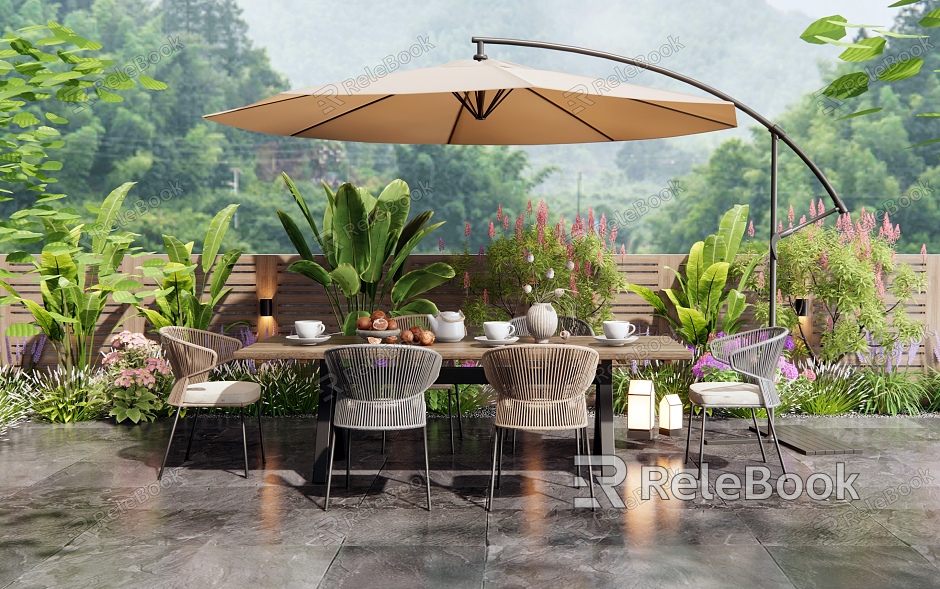 Modern Outdoor Table and Chair Outdoor Chair Rattan Leisure Chair Courtyard Garden Flowers and Plants Plant Combination model