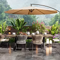Outdoor Table with Comfortable Chairs Large Umbrella Lush Plants Flowers Tea Sets Fruits Natural Background