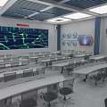Modern Conference Room Interior With Large Digital Screen Data Charts Arranged Tables And Chairs