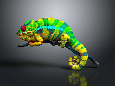 Vibrant Colorful Chameleon With Red Eye Perched on Branch in Dark Background and Reflection 3d model