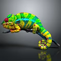 Vibrant Colorful Chameleon With Red Eye Perched on Branch in Dark Background and Reflection