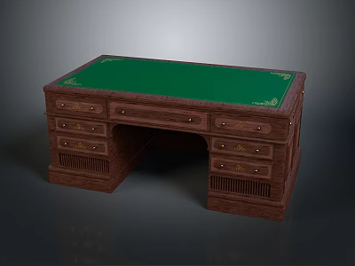 Vintage Style Wooden Desk With Green Desktop And Ornate Decorative Drawers 3d model