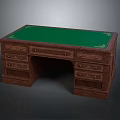 Vintage Style Wooden Desk With Green Desktop And Ornate Decorative Drawers