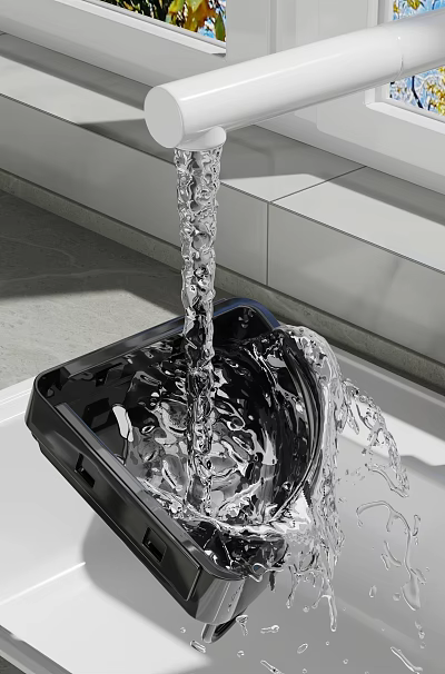 Water Flowing Into Modern Black Container With Splashes 3d model