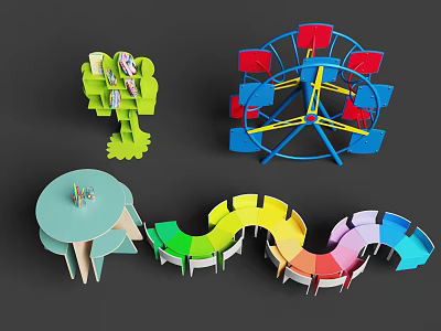 Kids Playground Equipment With Green Seat Blue Ferris Wheel Round Table And Colorful Wavy Seats 3d model