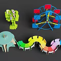 Kids Playground Equipment With Green Seat Blue Ferris Wheel Round Table And Colorful Wavy Seats