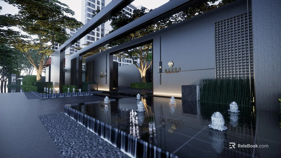 Luxury Modern Entrance With Water Pool Waterfall Green Plants Tall Buildings And Lighting 3d model 