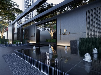 Luxury Modern Entrance With Water Pool Waterfall Green Plants Tall Buildings And Lighting 3d model