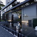 Luxury Modern Entrance With Water Pool Waterfall Green Plants Tall Buildings And Lighting