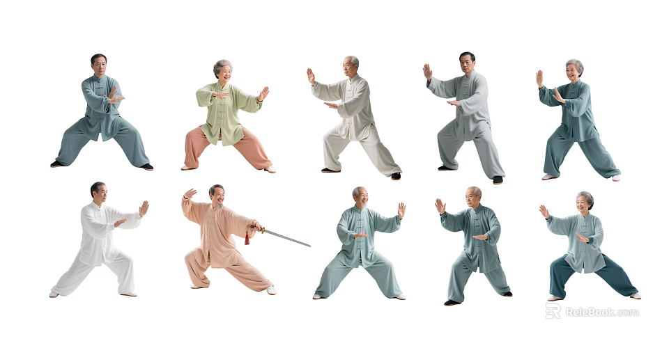 People Practicing Tai Chi With Various Stances And Traditional Clothing 3d model 