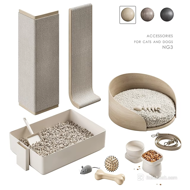 Pet Accessories for Cats and Dogs Including Scratching Posts Litter Box Food Bowls and Toys 3d model 